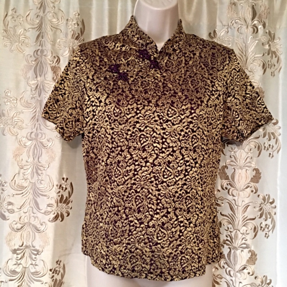 Chic Gold and Black Women's Brocade Blouse